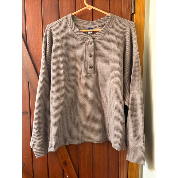Old Navy Tops - Old Navy Womens XL Waffle Knit Henley Top Brown Long Sleeve Thermal Sweater